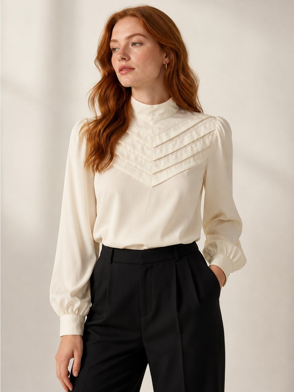 Vintage 70s Ivory Prairie Blouse | Chevron Pintuck | High Neck | Petite